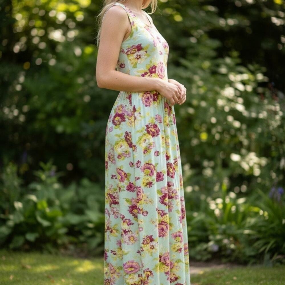 April Cornell Floral Prairie Sleeveless Knit Midi Dress Medium Green Pink